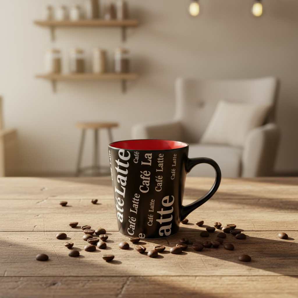 كوب سيراميك كافيه لاتيه - أسود أملس مع تصميم داخلي أحمر نابض بالحياة