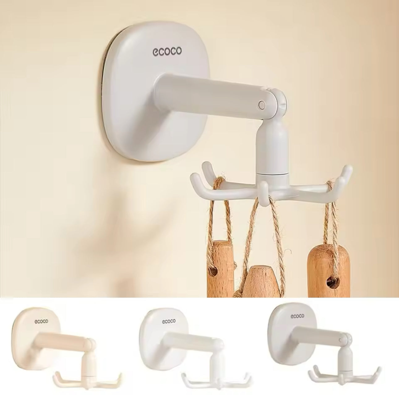 Plastic Cookware Spoon Storage Rack Hole Free Self-Adhesive Kitchen Rotary Hook with 6 Hooks Wall Mounted Kitchen Utensil Hanger