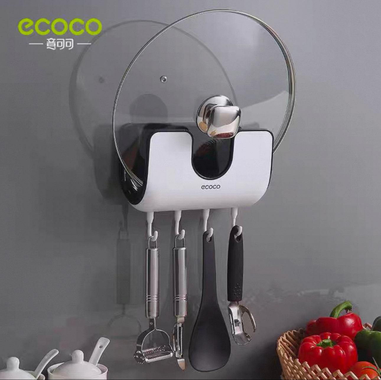 Waterproof Punch-free Wall-mounted Pot Lid Rack With Four Hooks For Kitchen