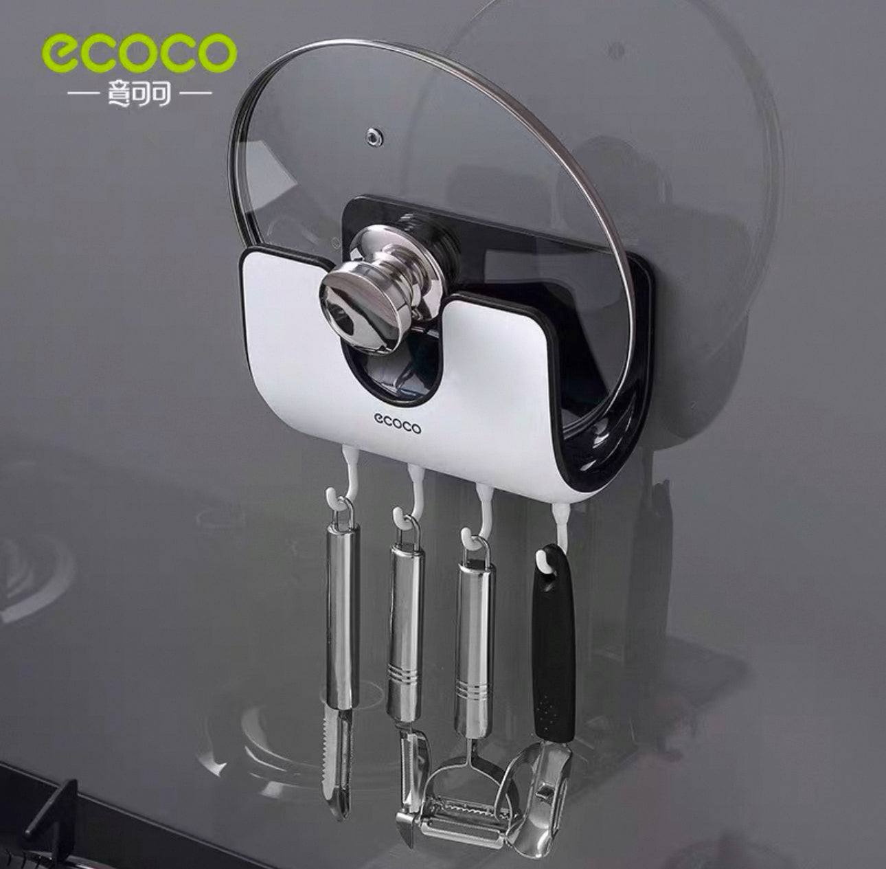 Waterproof Punch-free Wall-mounted Pot Lid Rack With Four Hooks For Kitchen