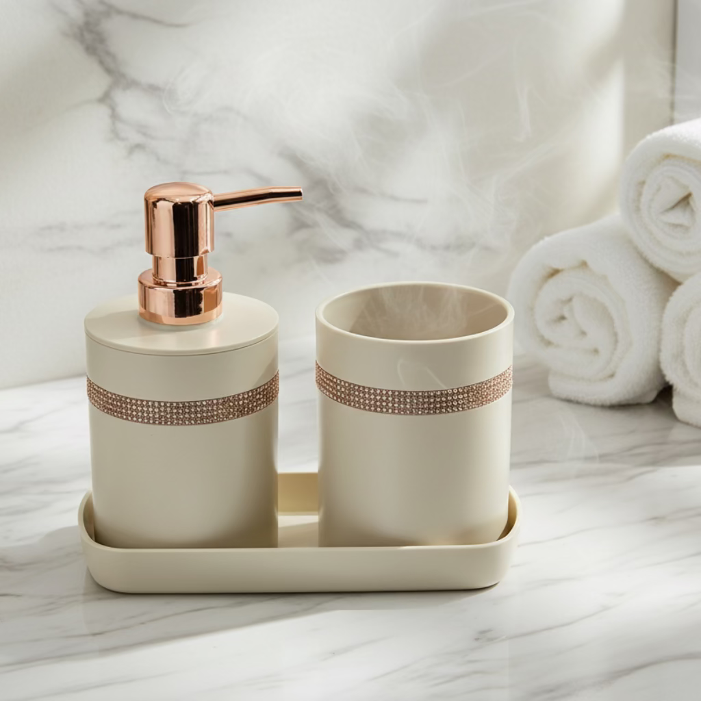 1 set of 3pcs bathroom toiletry set including a lotion bottle holder, toothbrush cup, and tray