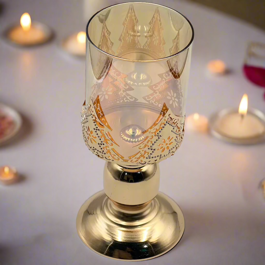 Romantic Golden Metal Windproof Candle Holder with Glass Enclosure & Ornate Floral Base - American Rustic Tabletop Decor for Christmas,Valentine's Day, Candle Holder Decor