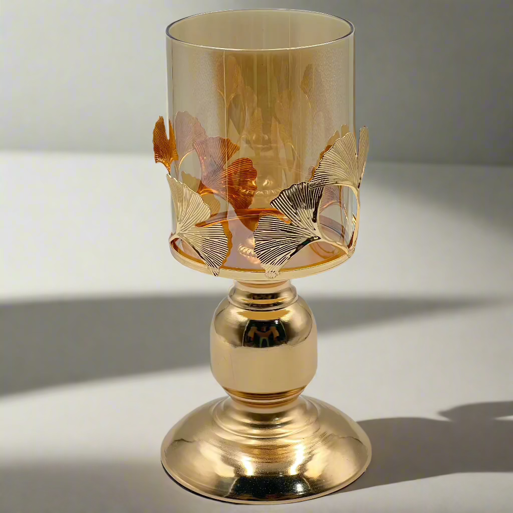 Romantic Golden Metal Windproof Candle Holder with Glass Enclosure & Ornate Floral Base - American Rustic Tabletop Decor for Christmas,Valentine's Day, Candle Holder Decor