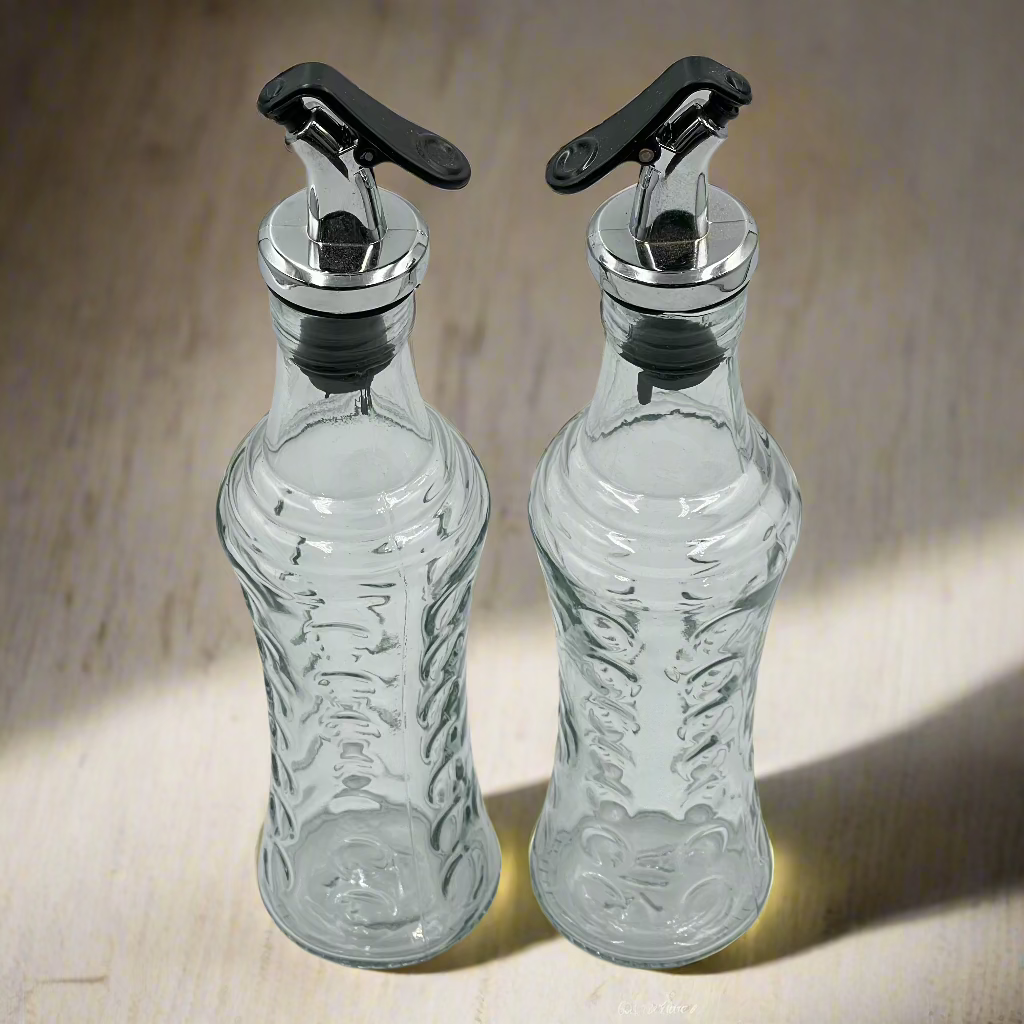 2pc Set Premium LeakProof Glass Oil Dispenser Bottle - Aesthetic Design for Olive Oil, Vinegar & Seasonings - Perfect for Kitchen,Camping & Picnics-Durable, Travel-Friendly & Space-Saving, Oil Dispenser for Kitchen, Stylish Kitchenware..