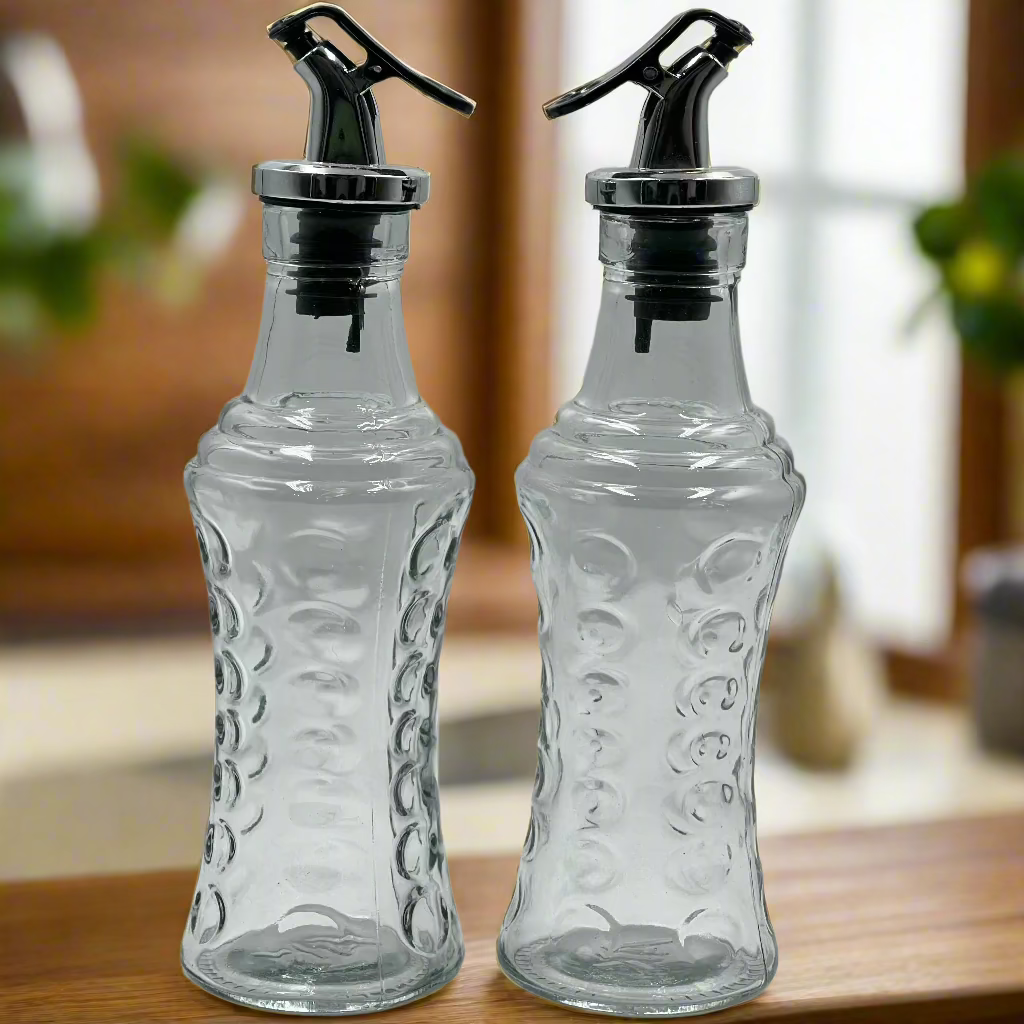 2pc Set Premium LeakProof Glass Oil Dispenser Bottle - Aesthetic Design for Olive Oil, Vinegar & Seasonings - Perfect for Kitchen,Camping & Picnics-Durable, Travel-Friendly & Space-Saving, Oil Dispenser for Kitchen, Stylish Kitchenware..