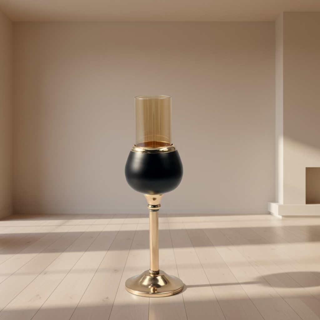 شمعدان زجاجي بقاعدة من سبائك الألومنيوم – حامل شموع أنيق