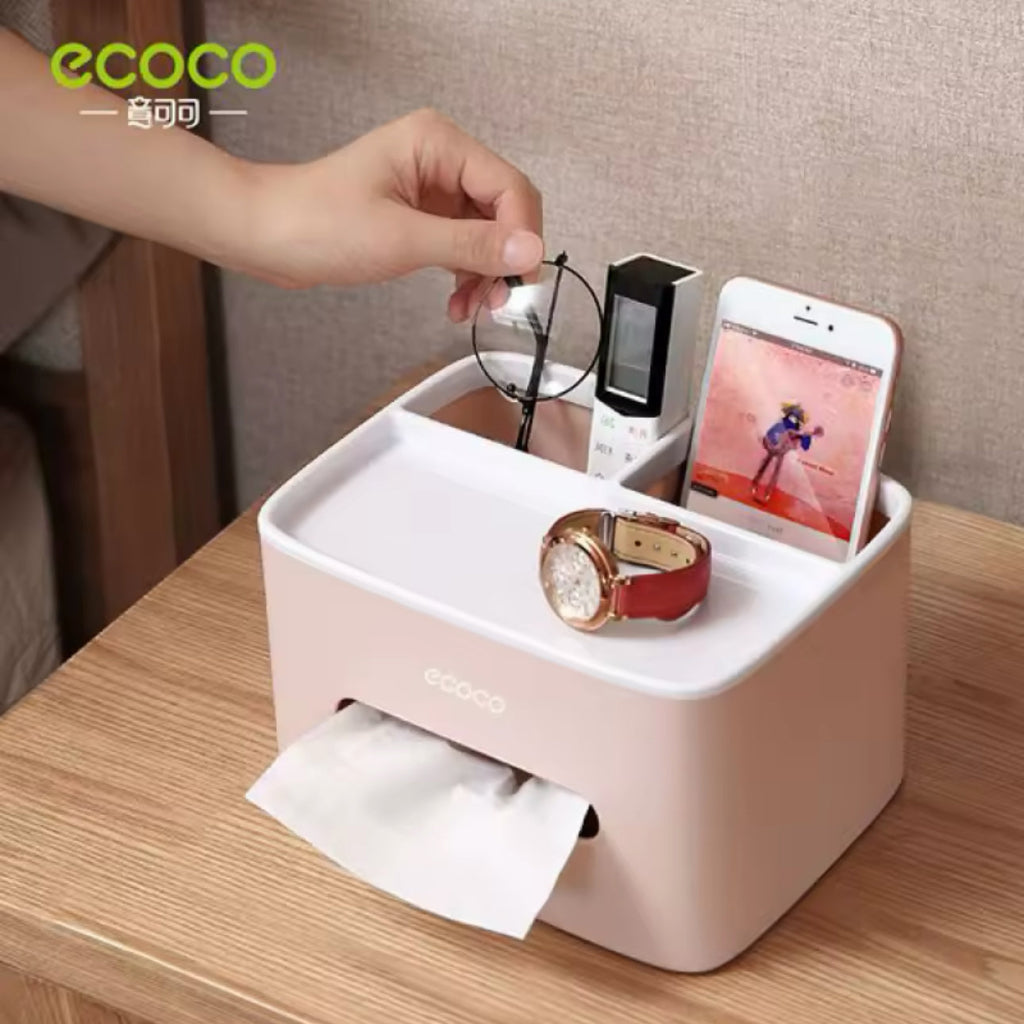 Ecoco Polished Square Plastic Desktop Organizer with Tissue Holder – Multi-Functional Storage