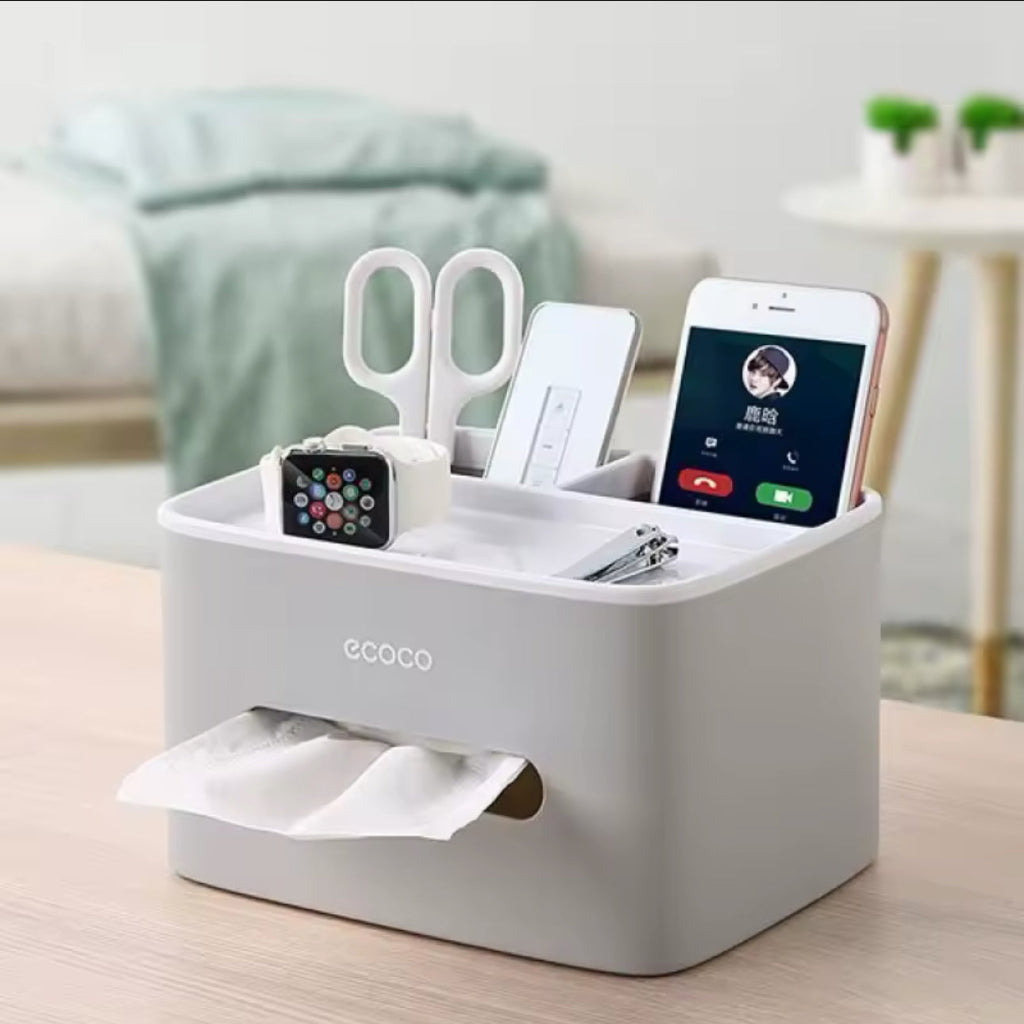 Ecoco Polished Square Plastic Desktop Organizer with Tissue Holder – Multi-Functional Storage