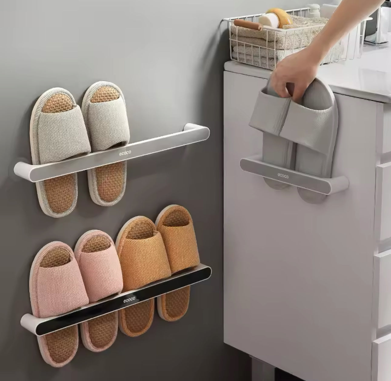 Ecoco Slipper Rack Bathroom Wall-mounted Slipper Organizer and Towels Rack Organiser Punch Free Home Towel Cabinet Toilet Bar Towel Shelf Closet Bathroom Accessories