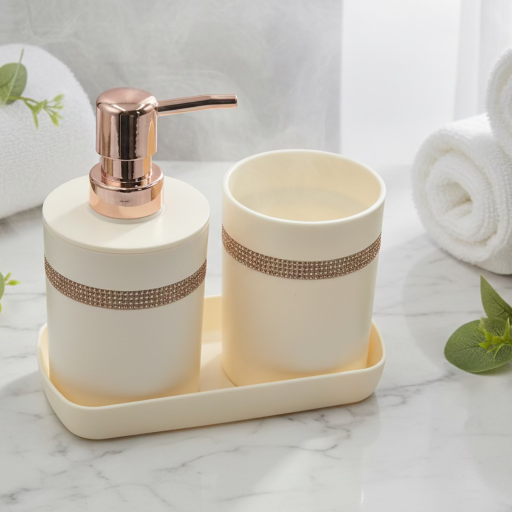 1 set of 3pcs bathroom toiletry set including a lotion bottle holder, toothbrush cup, and tray