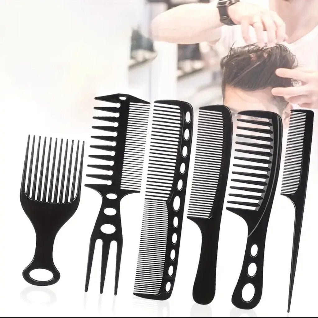 6pcs Professional Hair Comb Set for Men and Women - Black, Includes Mouse Tail Comb, Wide Tooth Comb, and African Insert Comb