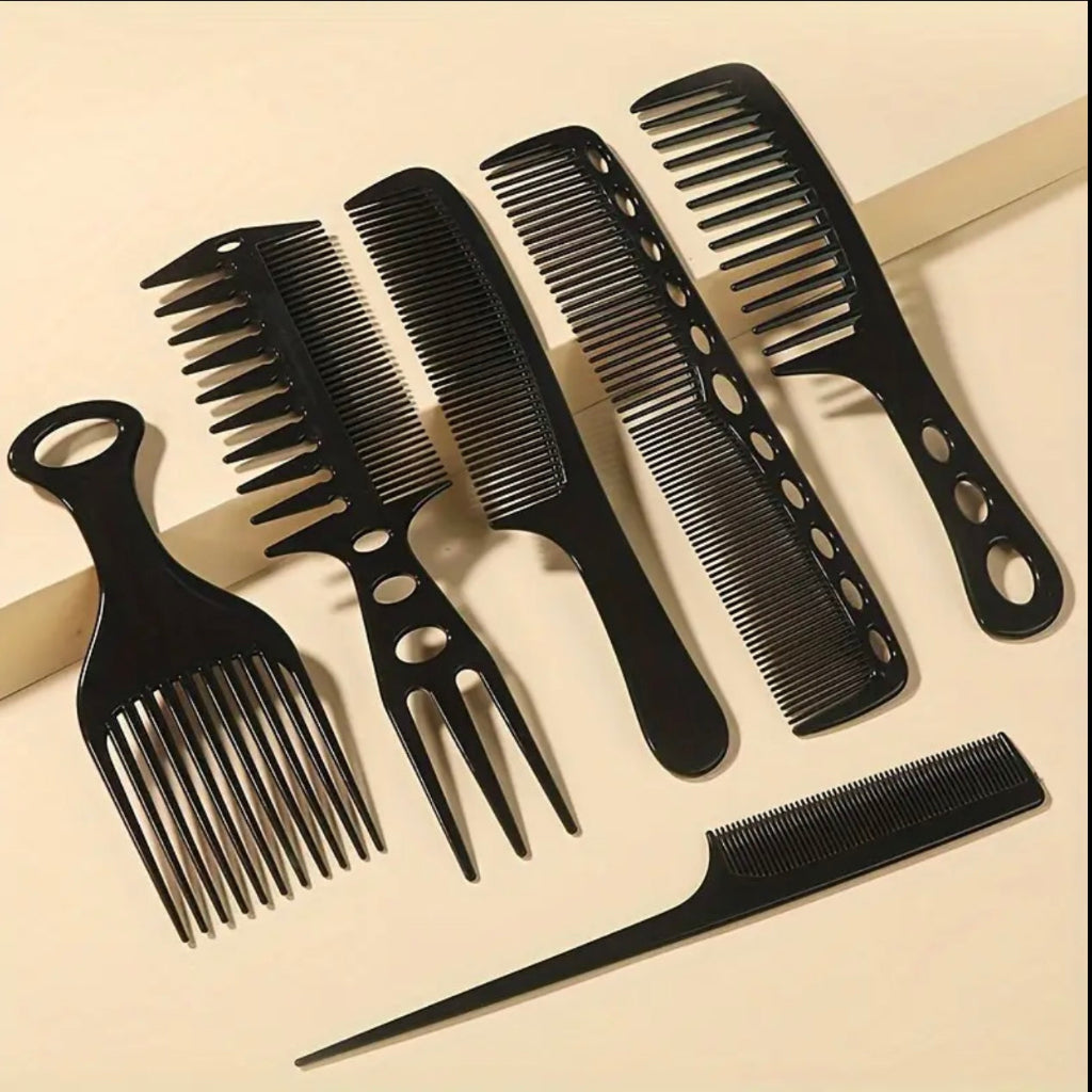 6pcs Professional Hair Comb Set for Men and Women - Black, Includes Mouse Tail Comb, Wide Tooth Comb, and African Insert Comb