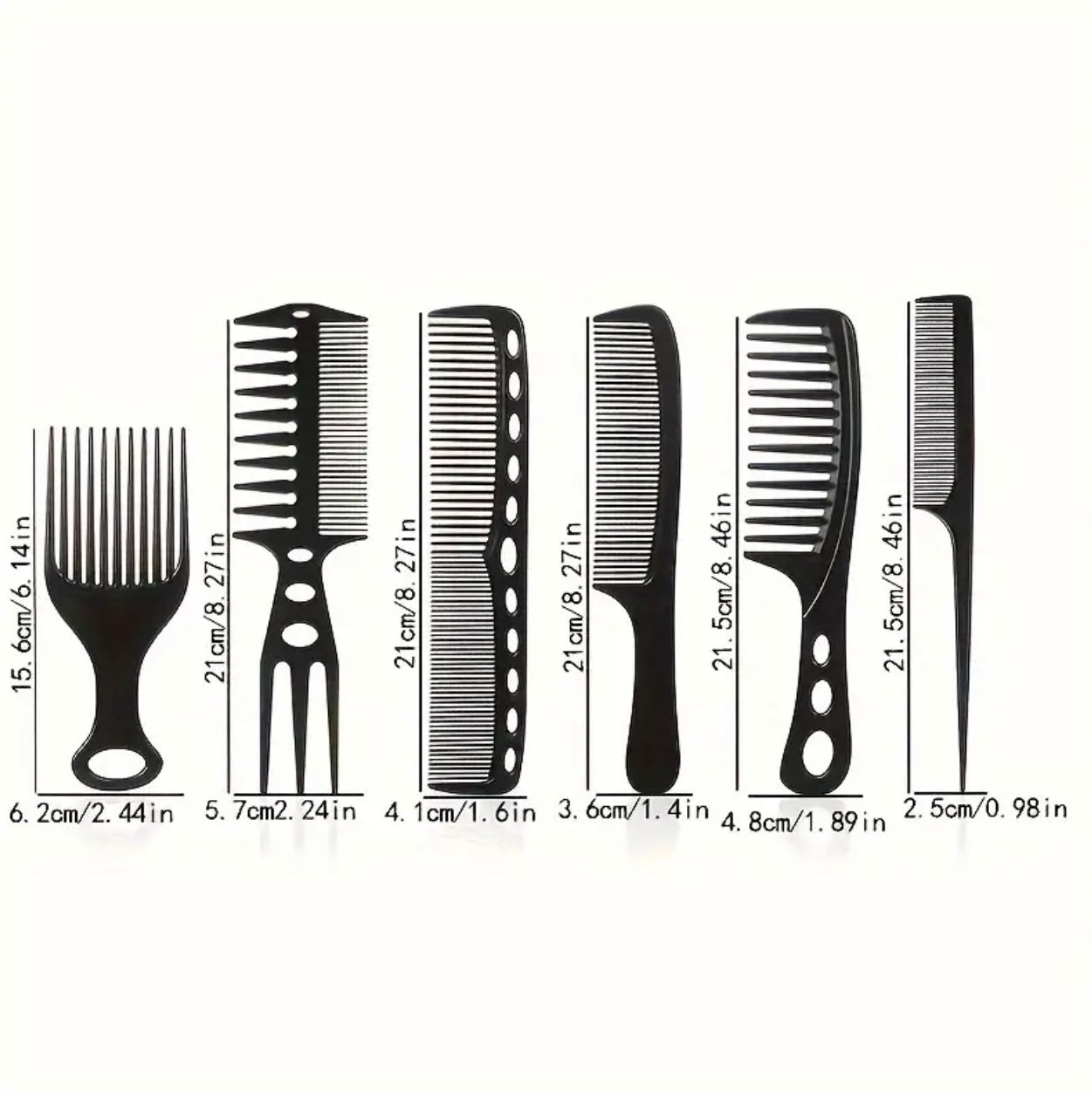 6pcs Professional Hair Comb Set for Men and Women - Black, Includes Mouse Tail Comb, Wide Tooth Comb, and African Insert Comb