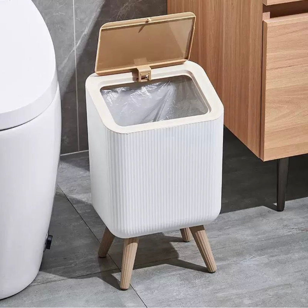 Modern High-Foot Trash Can with Press-Type Lid - Durable Plastic Square Bin for Living Room, Bathroom, Kitchen - Light Luxury Design, Beige & White, Bathroom Trash Can, Home Waste Disposal, Elegant Home Decor, Wooden Leg Stability