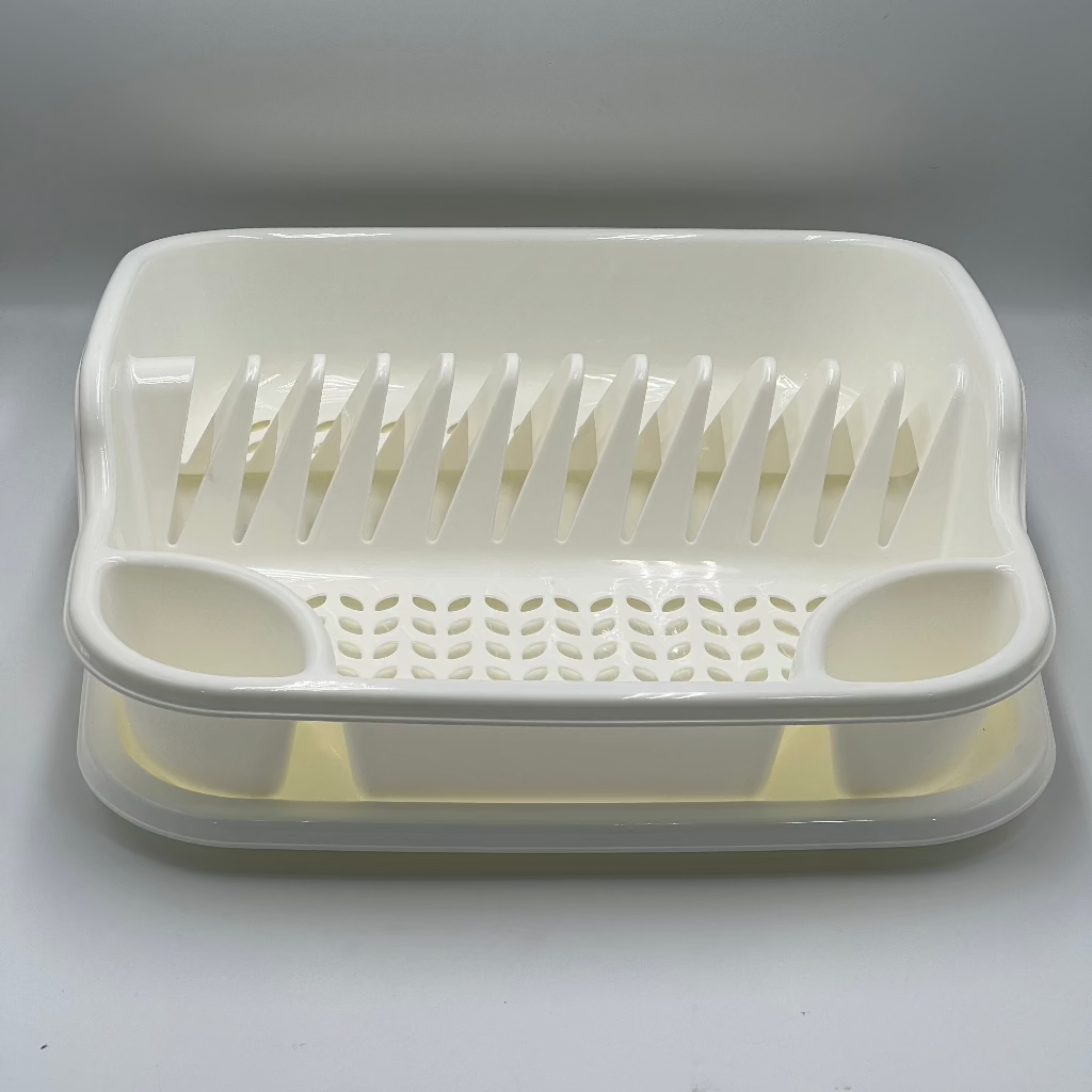 Space-saving white&grey plastic kitchen storage box with utensil holder and drip tray, suitable for kitchen, versatile dish rack and drying stand, perfect for home and dormitory use
