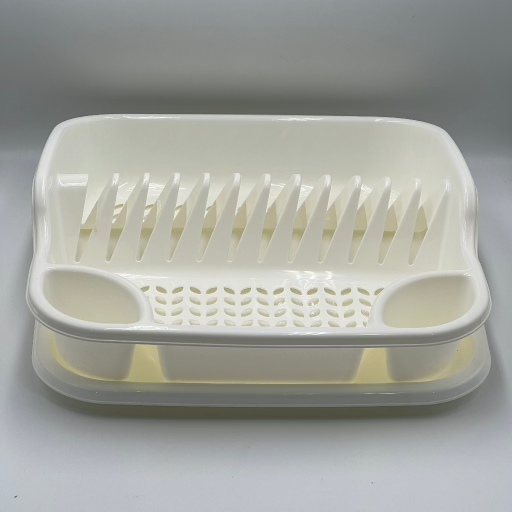 Space-saving white&grey plastic kitchen storage box with utensil holder and drip tray, suitable for kitchen, versatile dish rack and drying stand, perfect for home and dormitory use