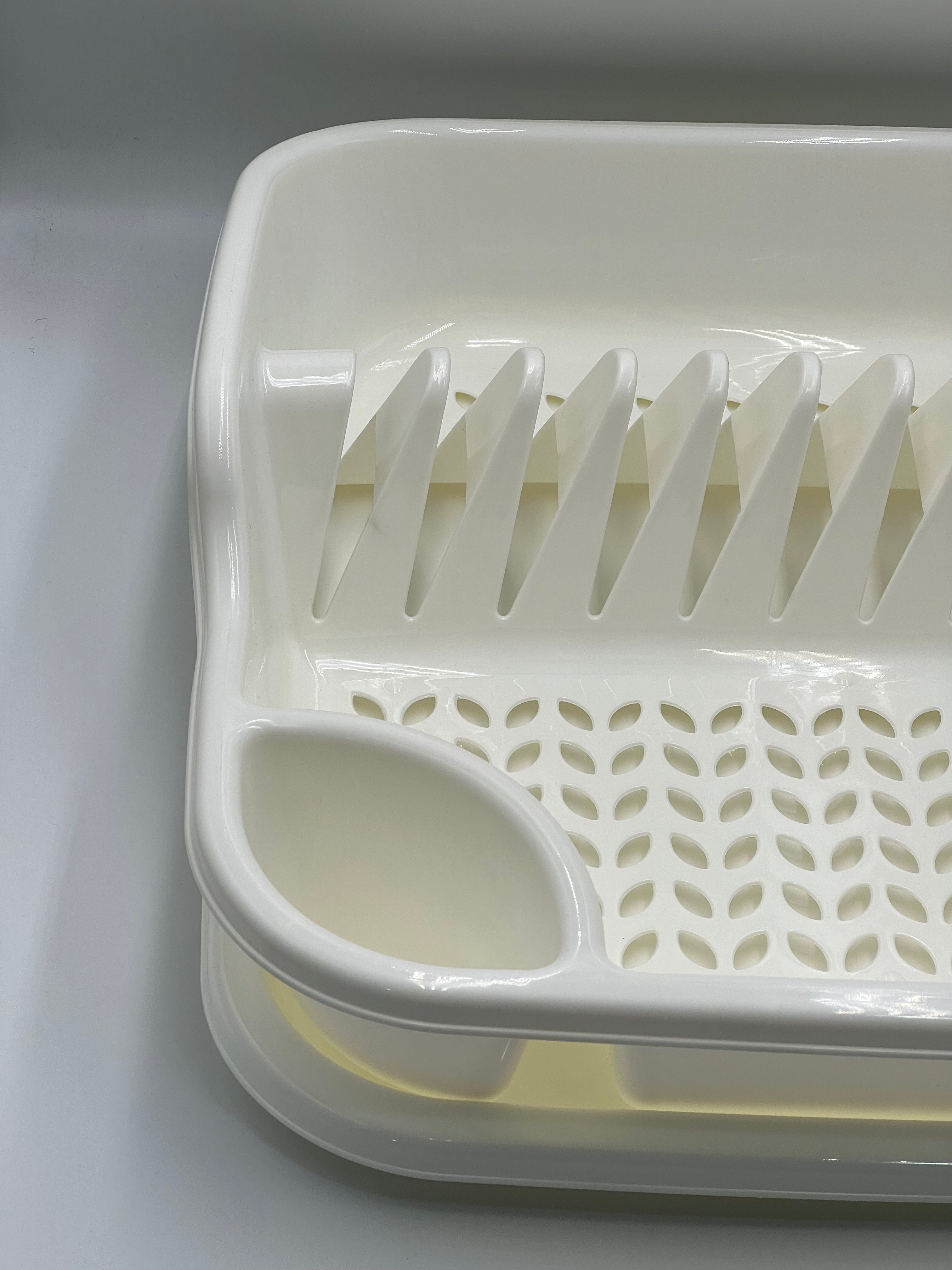 Space-saving white&grey plastic kitchen storage box with utensil holder and drip tray, suitable for kitchen, versatile dish rack and drying stand, perfect for home and dormitory use