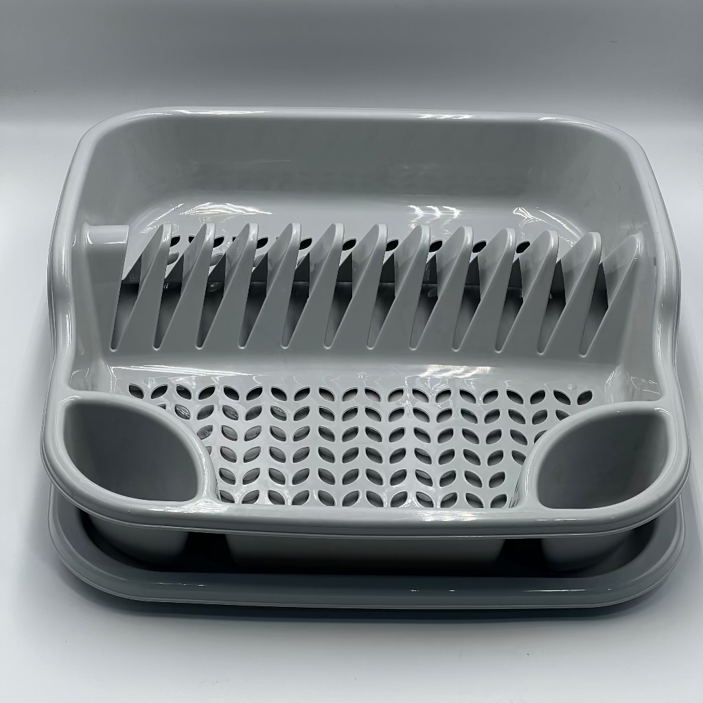 Space-saving white&grey plastic kitchen storage box with utensil holder and drip tray, suitable for kitchen, versatile dish rack and drying stand, perfect for home and dormitory use
