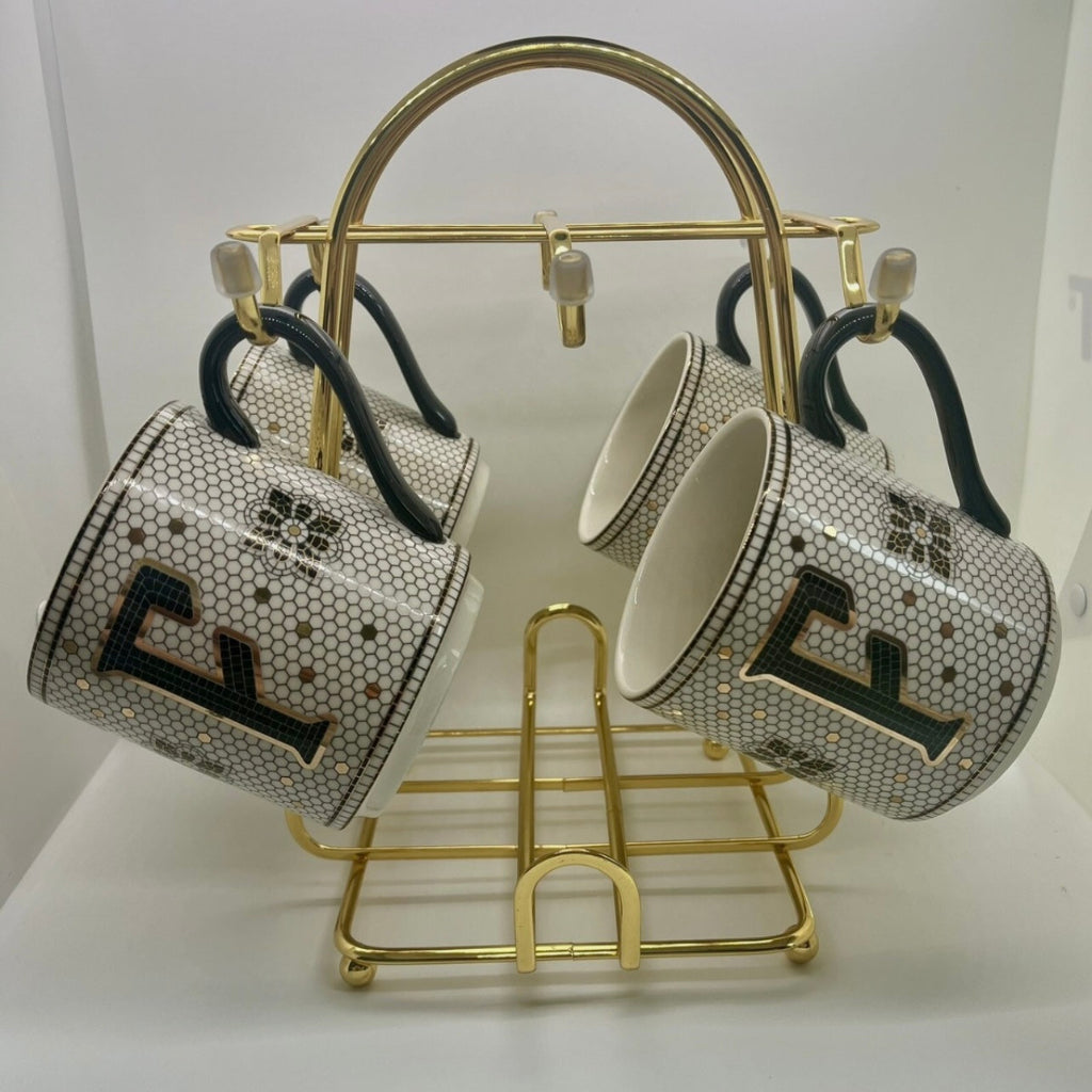 Golden Metal Mug and Cup Holder Stand,Designed With Multiple hooks on the sides,