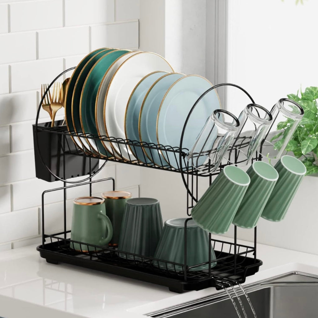 2-Tier Dish Drying Rack, Space Saving Dish Dryer Rack with Drainboard,Space Saving Dish Strainer, Small Dish Racks for Kitchen Counter with Cutlery Basket,Cup Holder | okka online