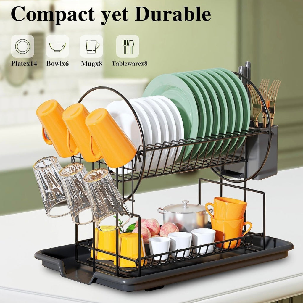 2-Tier Dish Drying Rack, Space Saving Dish Dryer Rack with Drainboard,Space Saving Dish Strainer, Small Dish Racks for Kitchen Counter with Cutlery Basket,Cup Holder | okka online
