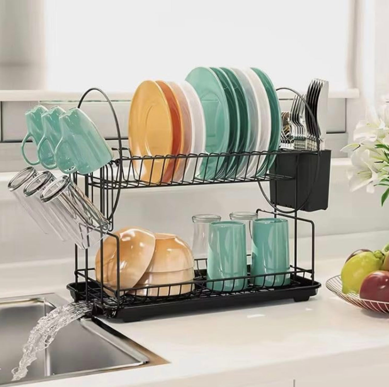 2-Tier Dish Drying Rack, Space Saving Dish Dryer Rack with Drainboard,Space Saving Dish Strainer, Small Dish Racks for Kitchen Counter with Cutlery Basket,Cup Holder | okka online