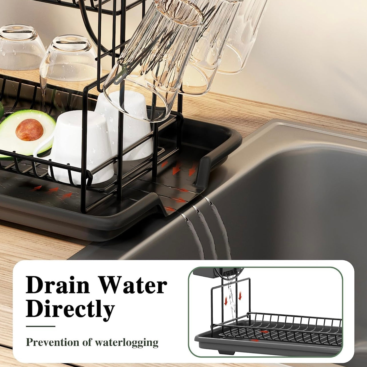 2-Tier Dish Drying Rack, Space Saving Dish Dryer Rack with Drainboard,Space Saving Dish Strainer, Small Dish Racks for Kitchen Counter with Cutlery Basket,Cup Holder | okka online