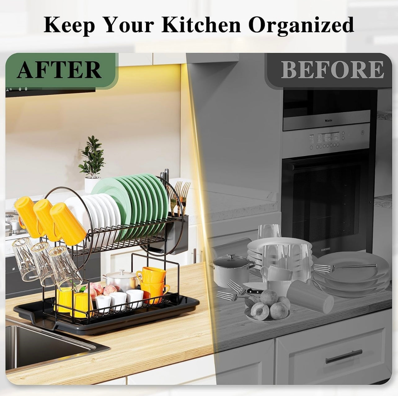 2-Tier Dish Drying Rack, Space Saving Dish Dryer Rack with Drainboard,Space Saving Dish Strainer, Small Dish Racks for Kitchen Counter with Cutlery Basket,Cup Holder | okka online