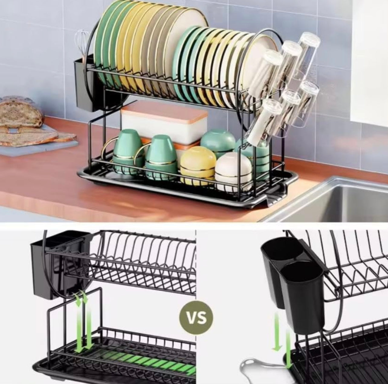 2-Tier Dish Drying Rack, Space Saving Dish Dryer Rack with Drainboard,Space Saving Dish Strainer, Small Dish Racks for Kitchen Counter with Cutlery Basket,Cup Holder | okka online