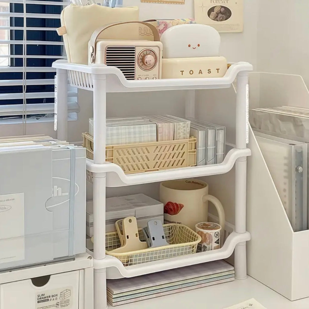 3-Tier Plastic Desktop Organizer Space-Saving Vertical Storage Rack for Makeup, Spices, Stationery - Freestanding Compact Kitchen & Office Shelf, Lightweight Durable MultiPurpose Utility Basket, Desktop Storage Organizer, Seasoning Holder,
