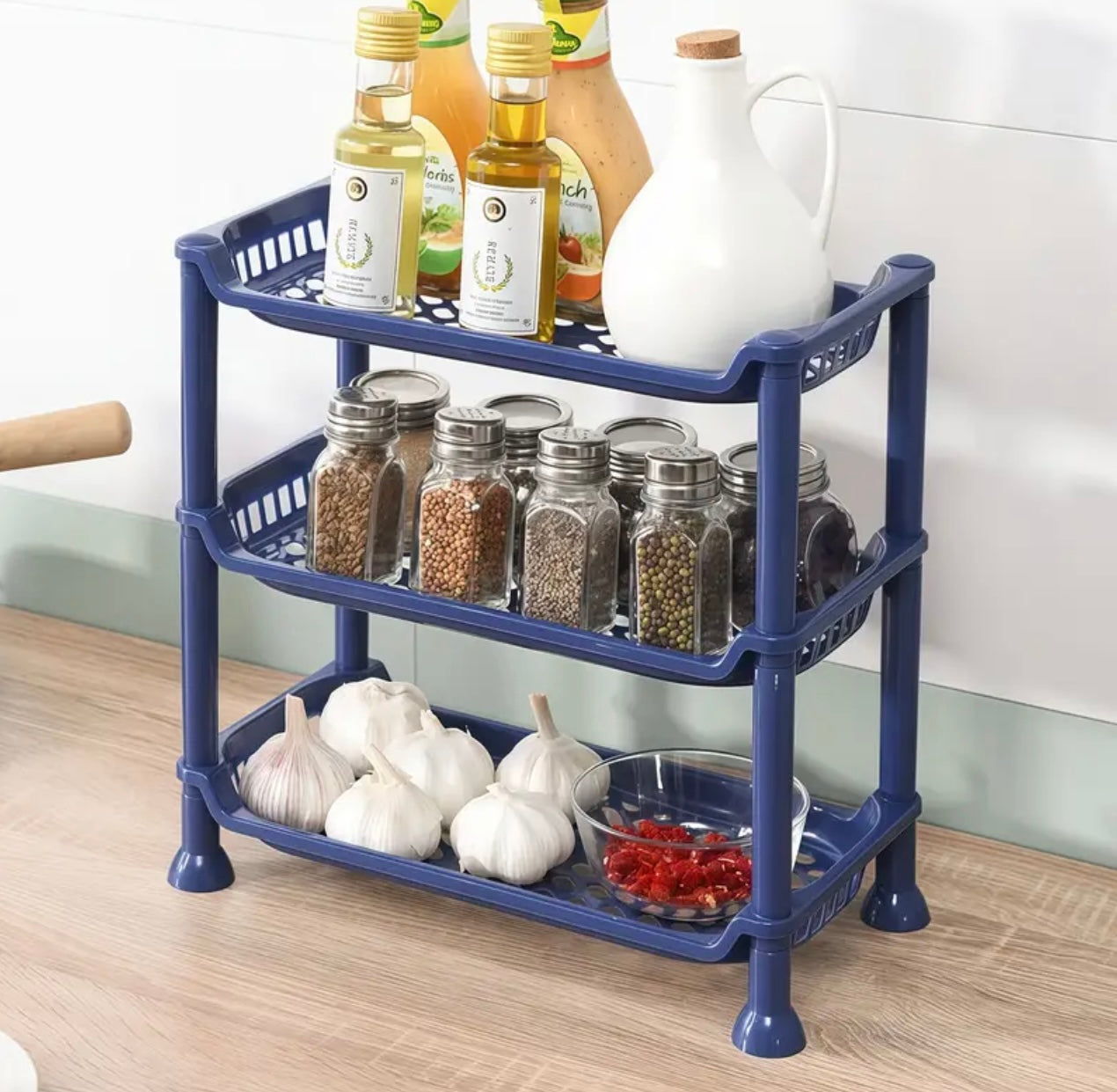 3-Tier Plastic Desktop Organizer Space-Saving Vertical Storage Rack for Makeup, Spices, Stationery - Freestanding Compact Kitchen & Office Shelf, Lightweight Durable MultiPurpose Utility Basket, Desktop Storage Organizer, Seasoning Holder,