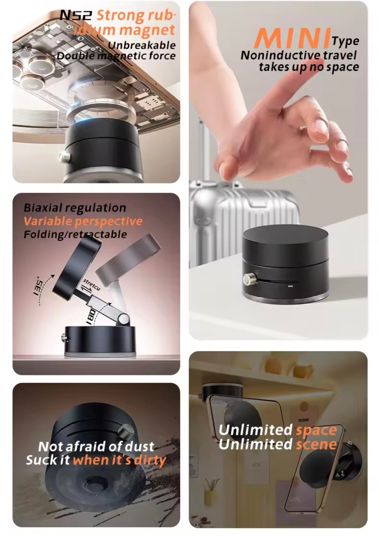 Double Sided Extendable Magnetic Suction Phone Holder for Shower Car Mirror Strong Vacuum Magnetic Phone Mount for All Phones ,car mobile holder