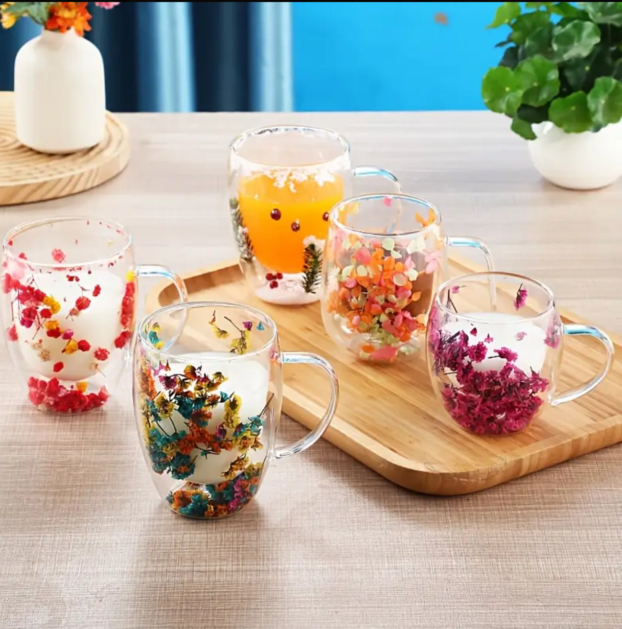 Artificial Flower Double Layer Cup Real Flower Cup Insulation Double Layer Water Cup Creative New Customer High Value Home Glass Cup Internet Celebrity Cup 350 ML
