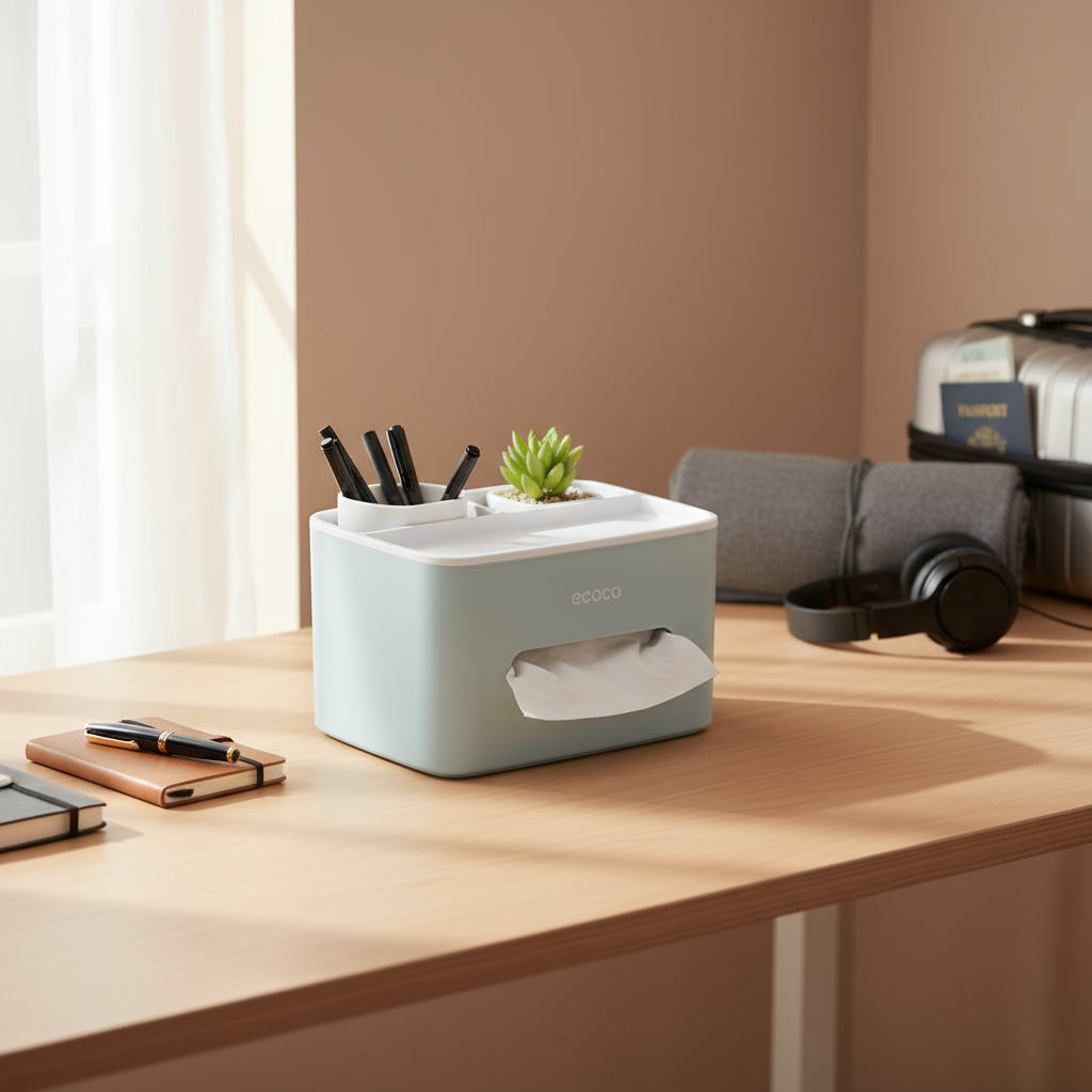 Ecoco Polished Square Plastic Desktop Organizer with Tissue Holder – Multi-Functional Storage