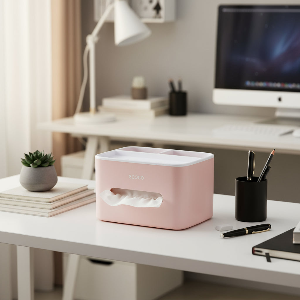 Ecoco Polished Square Plastic Desktop Organizer with Tissue Holder – Multi-Functional Storage