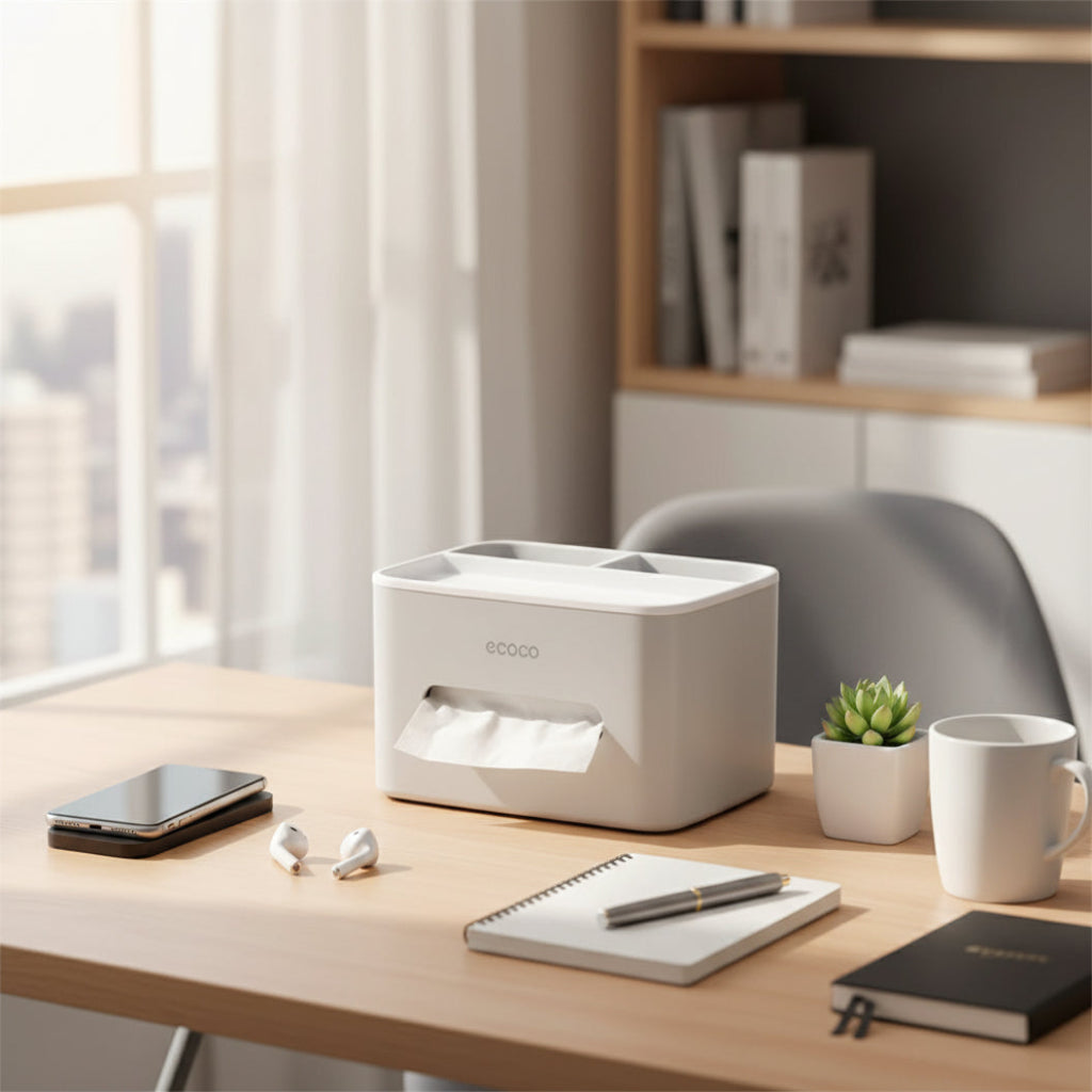 Ecoco Polished Square Plastic Desktop Organizer with Tissue Holder – Multi-Functional Storage