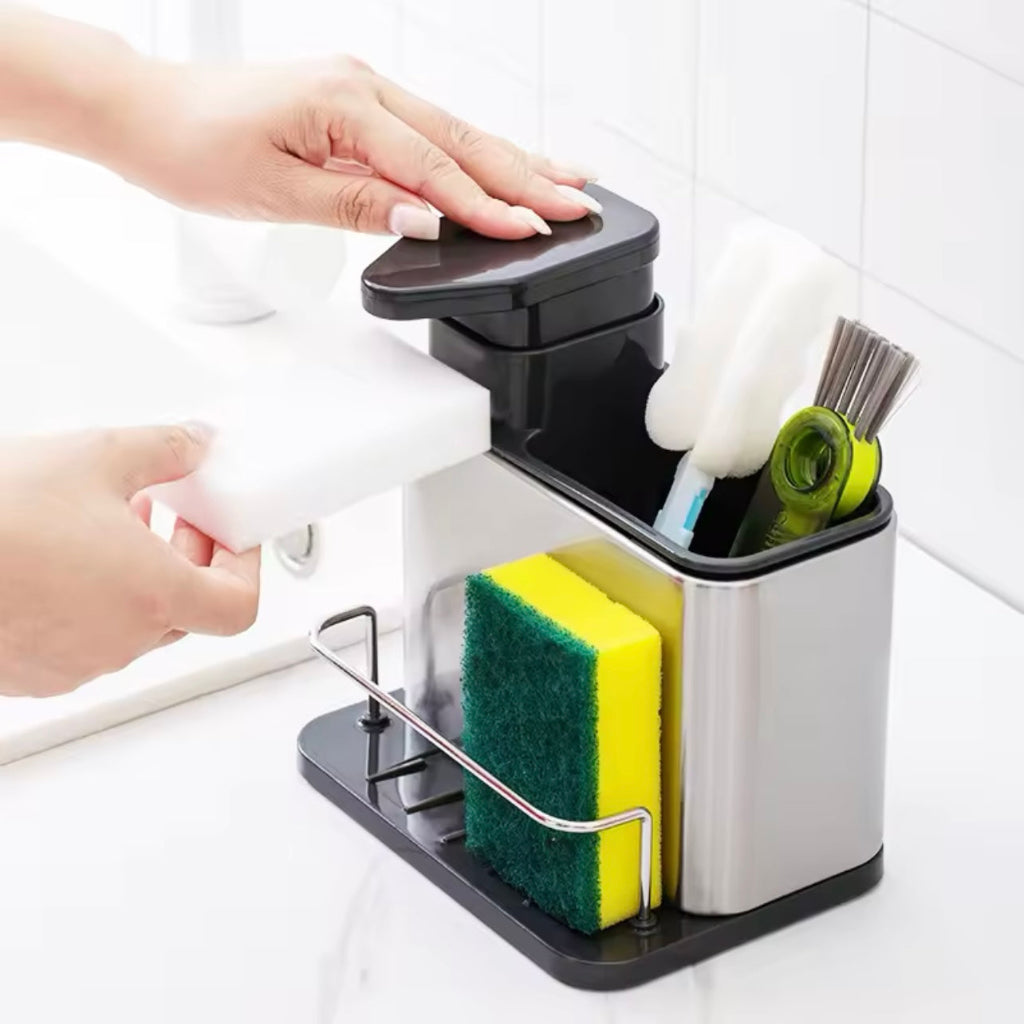 Kitchen Storage Rack Made of Stainless Steel, Featuring a Detergent Dispenser, a Sponge Holder, And a Utensil Rack with a Drainage Tray. It Is Durable, Resistant to Rust, And Ideal for Use by The Kitchen Sink,