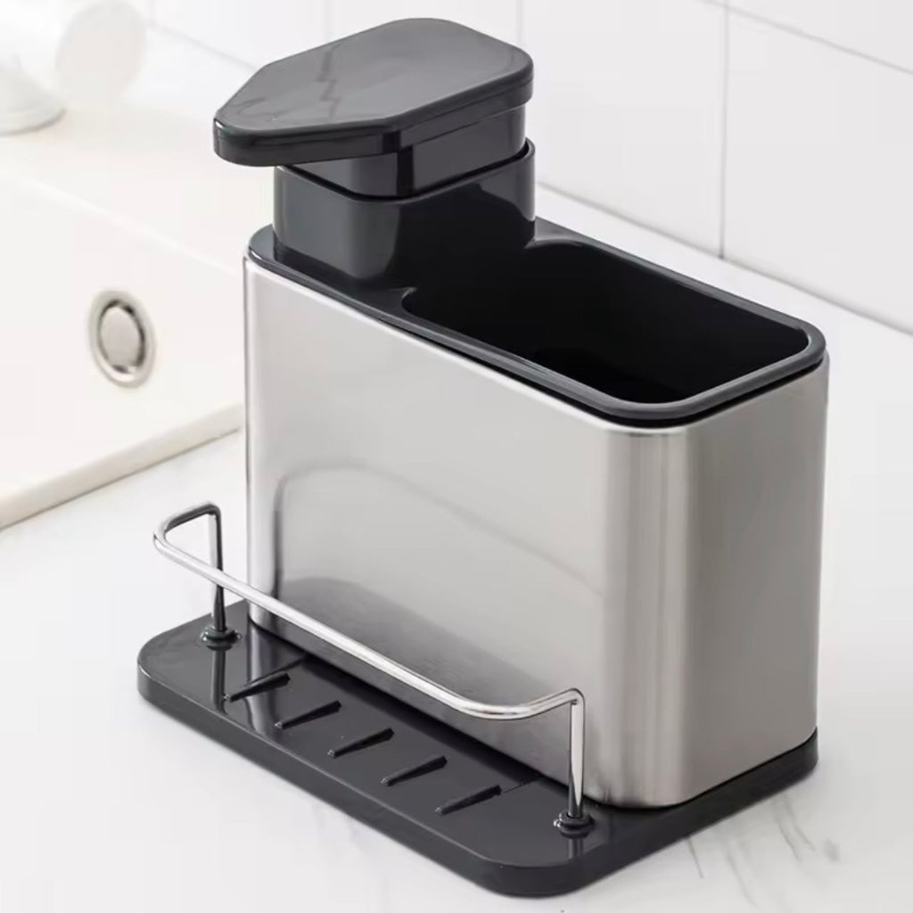 Kitchen Storage Rack Made of Stainless Steel, Featuring a Detergent Dispenser, a Sponge Holder, And a Utensil Rack with a Drainage Tray. It Is Durable, Resistant to Rust, And Ideal for Use by The Kitchen Sink,