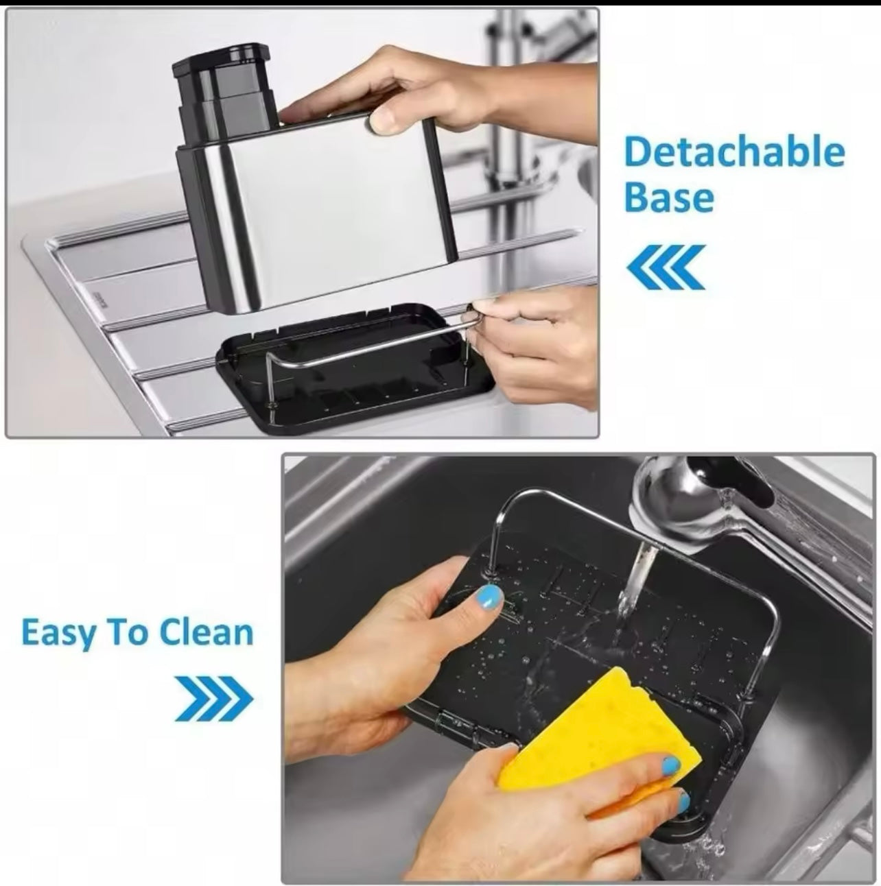 Kitchen Storage Rack Made of Stainless Steel, Featuring a Detergent Dispenser, a Sponge Holder, And a Utensil Rack with a Drainage Tray. It Is Durable, Resistant to Rust, And Ideal for Use by The Kitchen Sink,