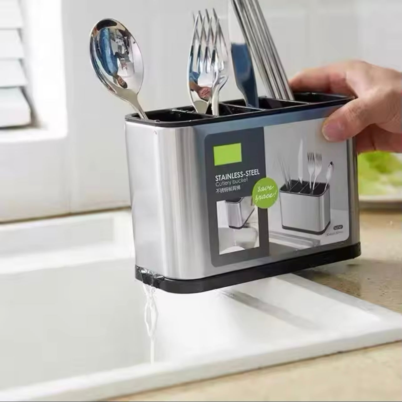 1pc Set, Dishware Box, Dishware Storage Box, Tabletop, Kitchen Counter, Rust-Proof, 4 Separate Drip Trays, Stainless Steel ABS Non-Slip and Scratch-Resistant, Creative Gift..