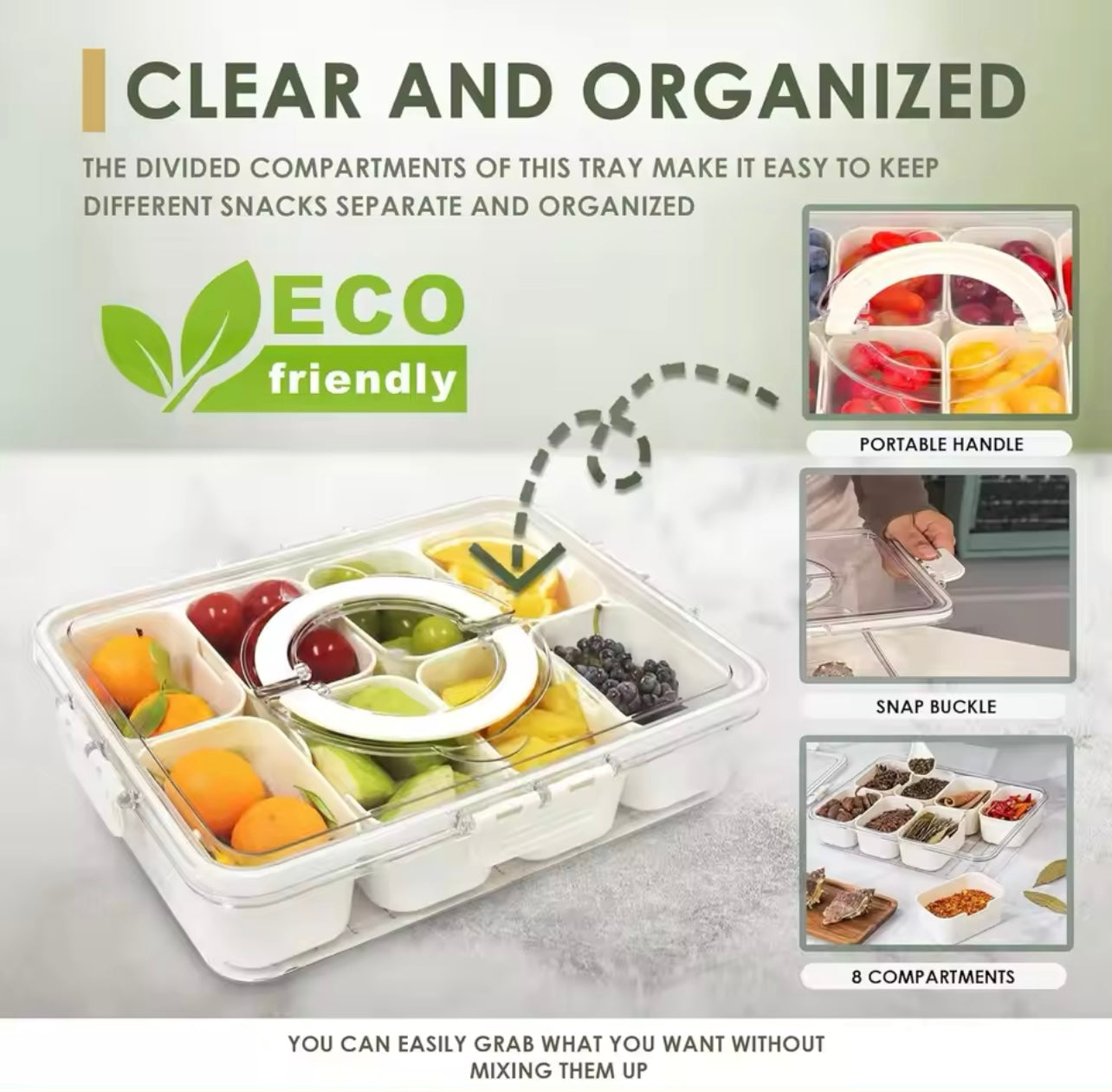 Divided Serving Tray with Lid and Handle, Reusable Plastic Veggie Tray, 4/8 Compartments Multipurpose Party Platter, Food Storage Container, Clip-on Closure, Hand Wash Only, Portable Snack Organizer for BBQ, Picnic, Candy, Fruits, Nuts