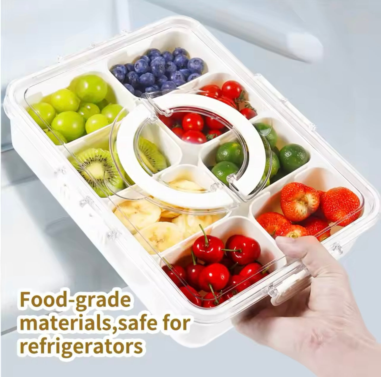 Divided Serving Tray with Lid and Handle, Reusable Plastic Veggie Tray, 4/8 Compartments Multipurpose Party Platter, Food Storage Container, Clip-on Closure, Hand Wash Only, Portable Snack Organizer for BBQ, Picnic, Candy, Fruits, Nuts