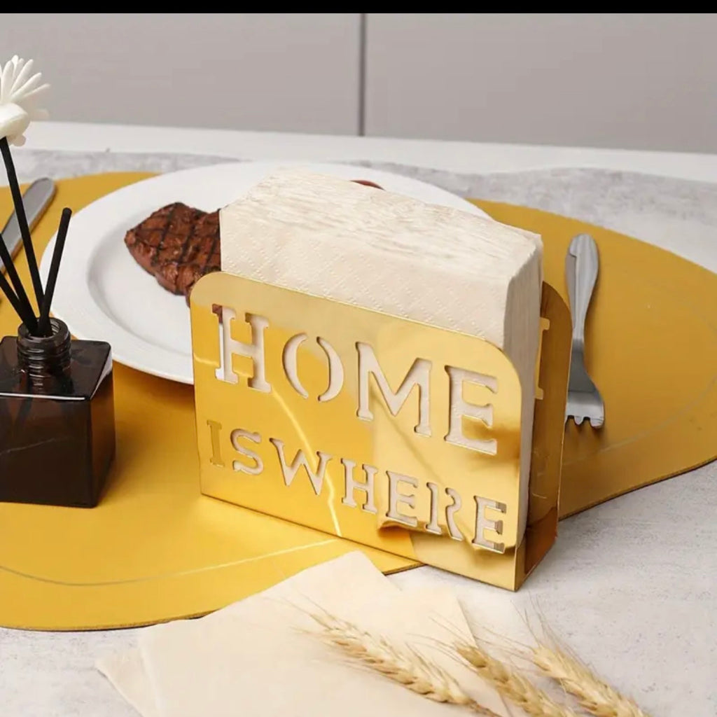 Elegant “Home is Where” Napkin Holder,Golden Metal Tissue Storage Rack,