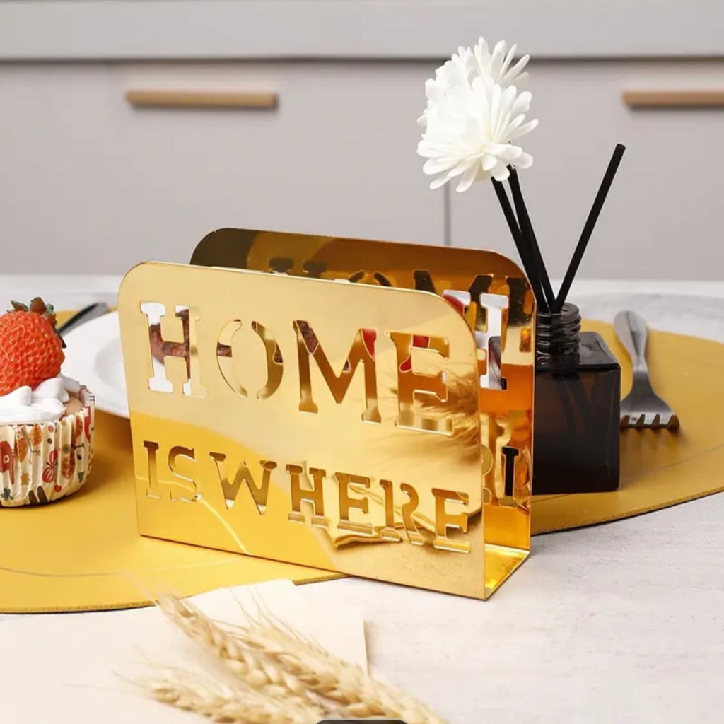 Elegant “Home is Where” Napkin Holder,Golden Metal Tissue Storage Rack,