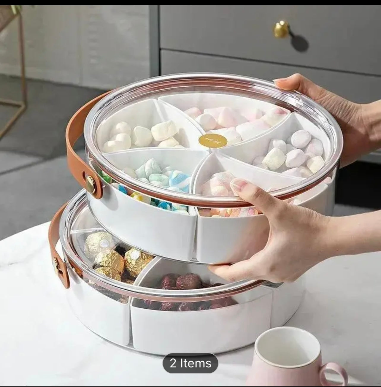 2-Tier Transparent Snack & Candy Organizer Box with Faux Leather Handles - Portable, Sealed Compartments for Easy Storage, Light Luxury Design for Home or Travel