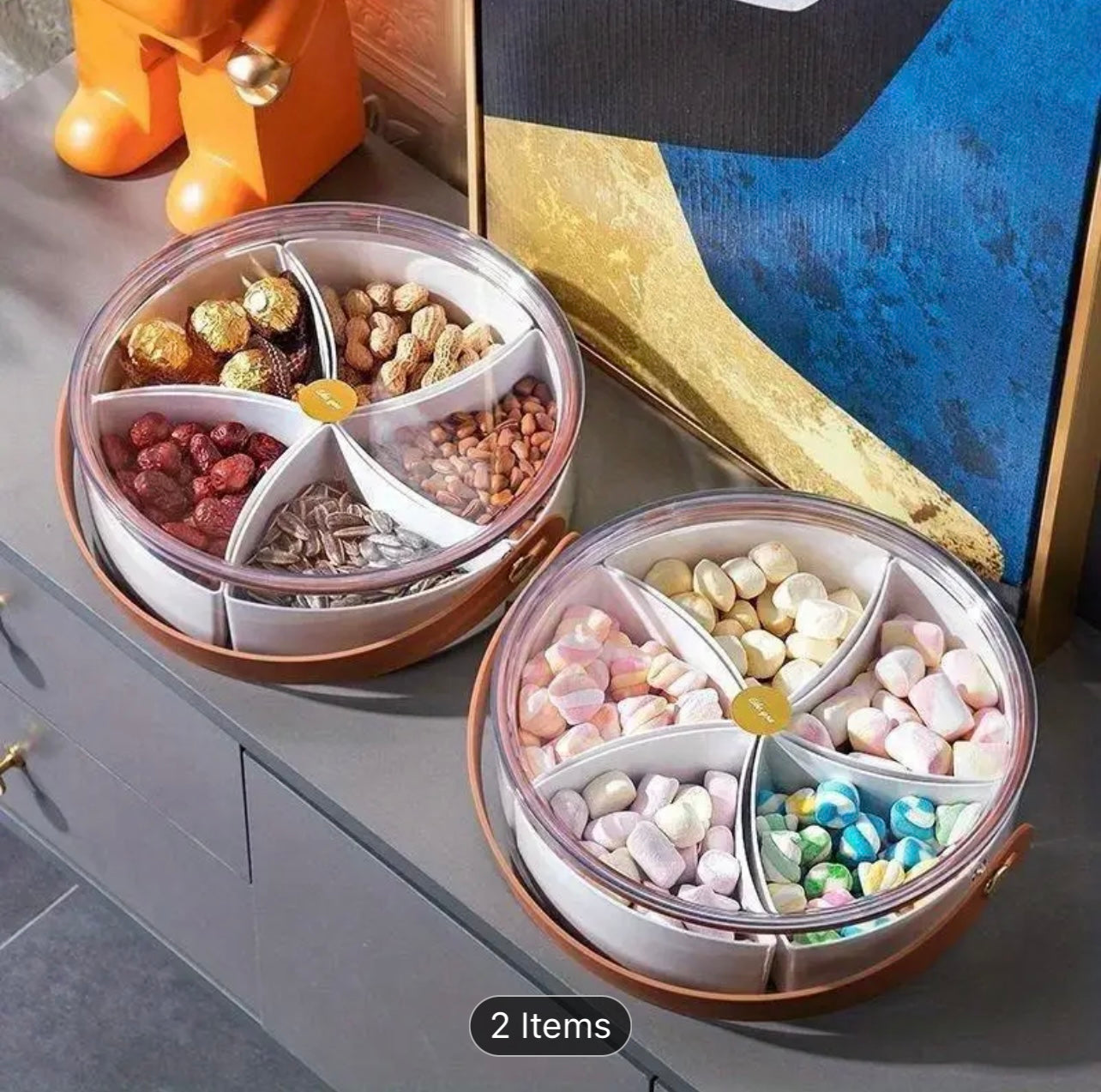 2-Tier Transparent Snack & Candy Organizer Box with Faux Leather Handles - Portable, Sealed Compartments for Easy Storage, Light Luxury Design for Home or Travel