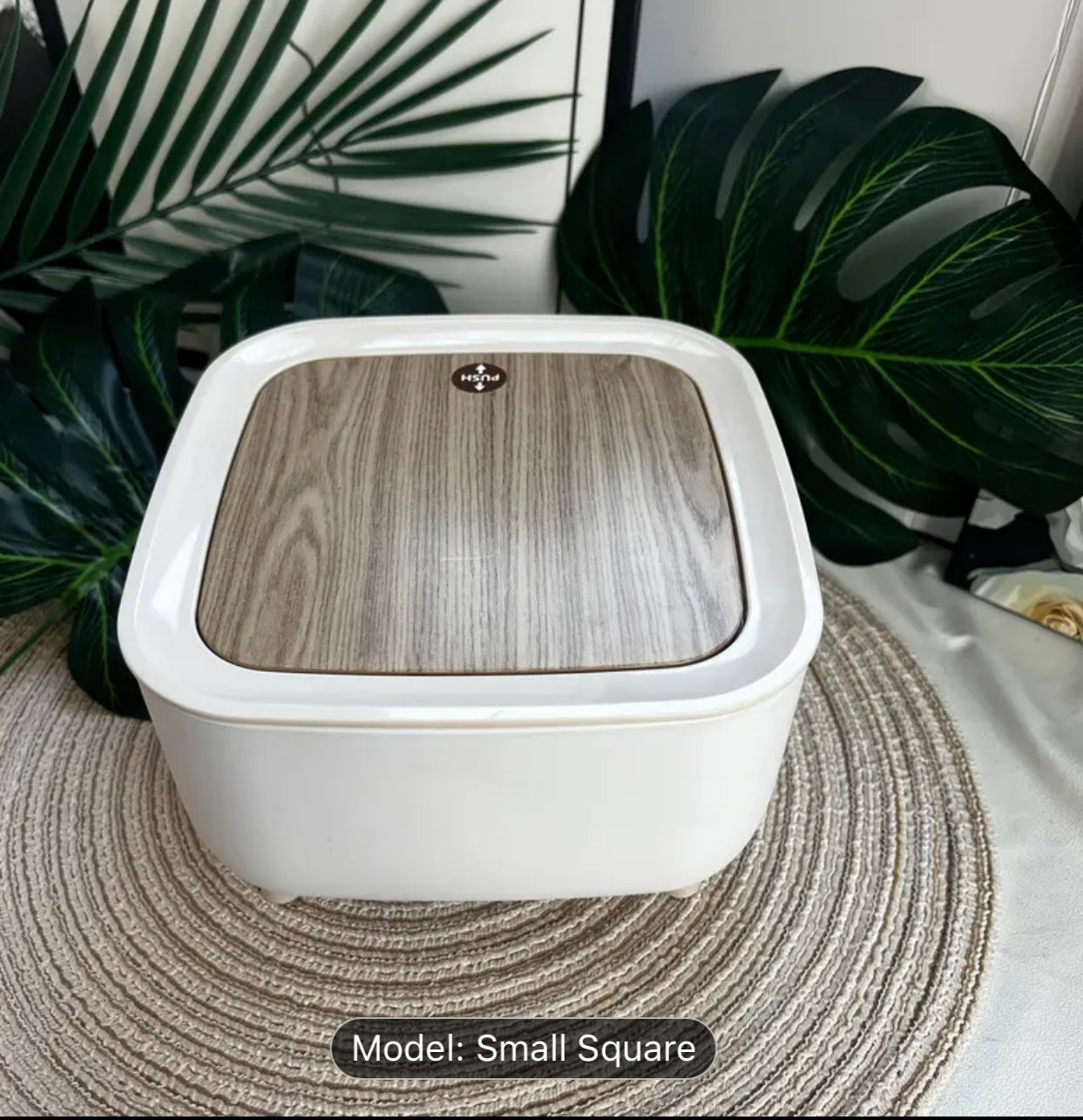 Office Ready Sleek Square Desktop Trash Can with Quiet-Close Lid & Odor-Seal Technology - White & Wooden Design, Ideal for Office, Kitchen, Bathroom, and Dining Tables