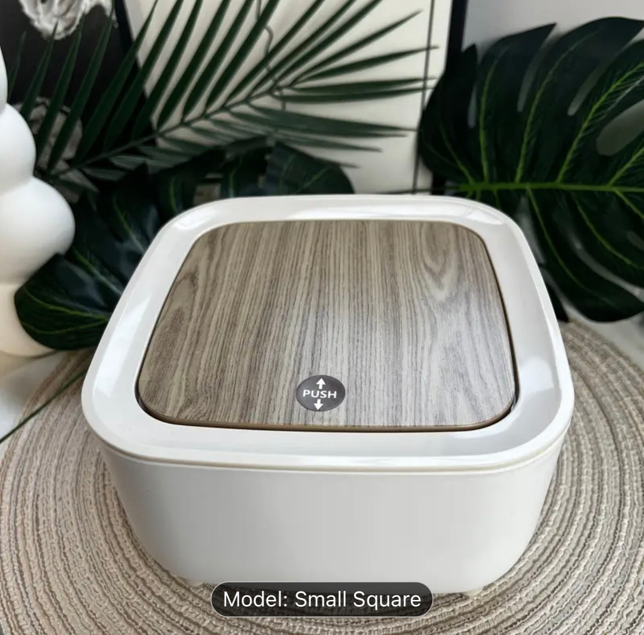 Office Ready Sleek Square Desktop Trash Can with Quiet-Close Lid & Odor-Seal Technology - White & Wooden Design, Ideal for Office, Kitchen, Bathroom, and Dining Tables dustbin