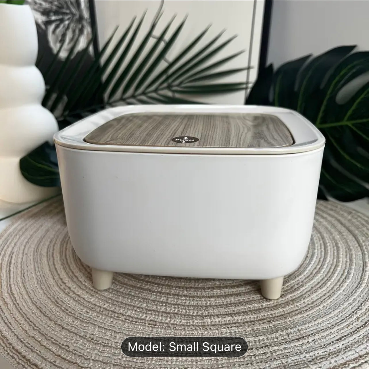 Office Ready Sleek Square Desktop Trash Can with Quiet-Close Lid & Odor-Seal Technology - White & Wooden Design, Ideal for Office, Kitchen, Bathroom, and Dining Tables dustbin
