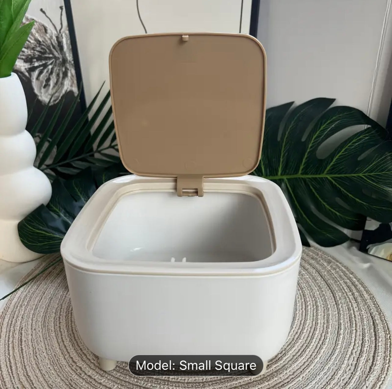 Office Ready Sleek Square Desktop Trash Can with Quiet-Close Lid & Odor-Seal Technology - White & Wooden Design, Ideal for Office, Kitchen, Bathroom, and Dining Tables dustbin